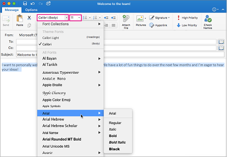 change font size in outlook for mac 2016